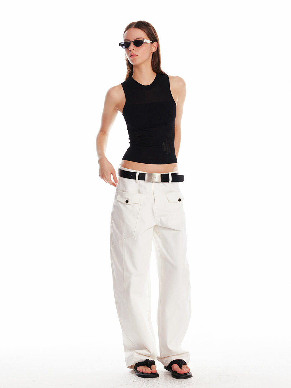 Sleeveless Elastic Top With Mesh Detail