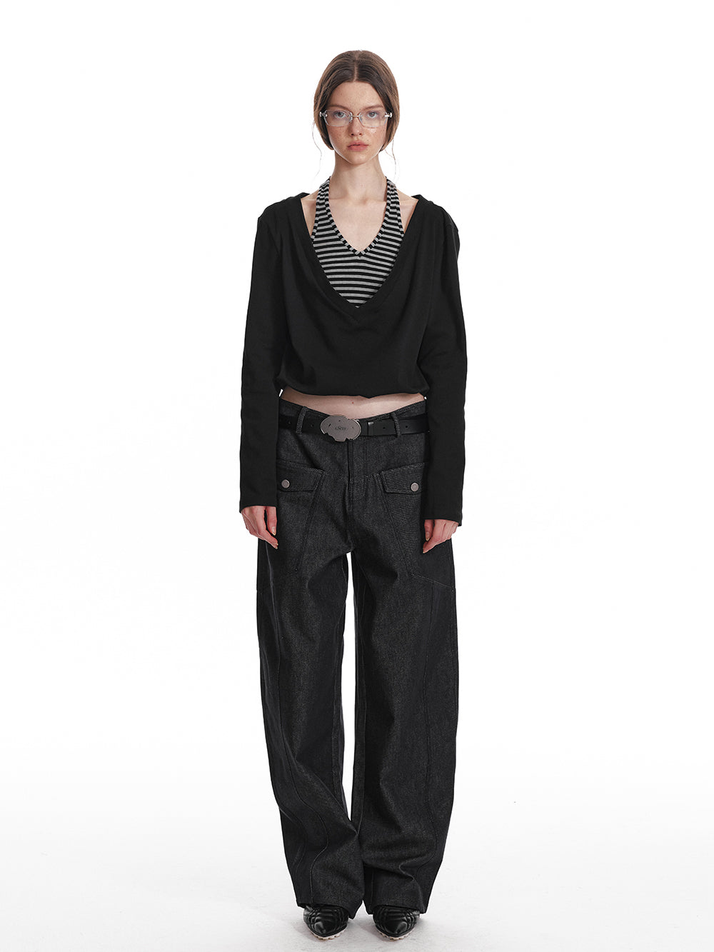 Striped Halter-Layered Draped V-Neck Top