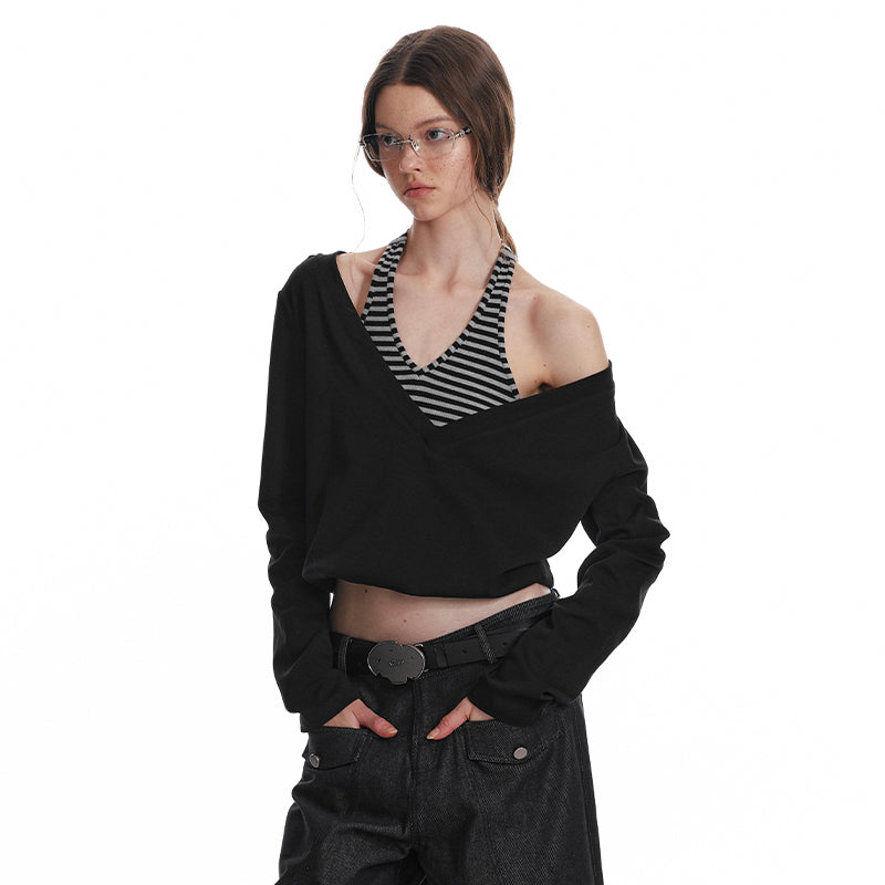 Striped Halter-Layered Draped V-Neck Top