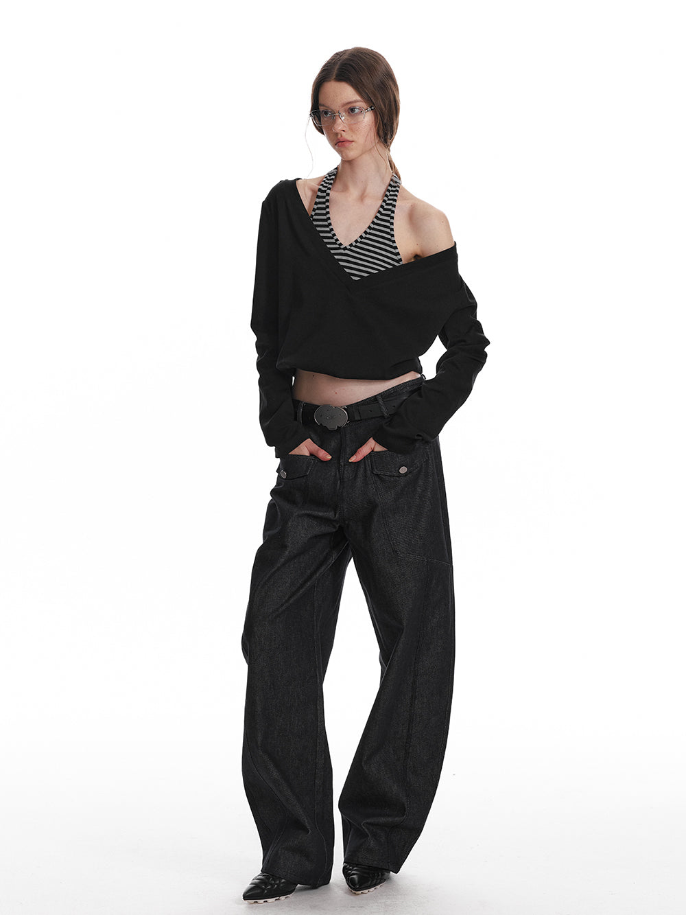 Striped Halter-Layered Draped V-Neck Top