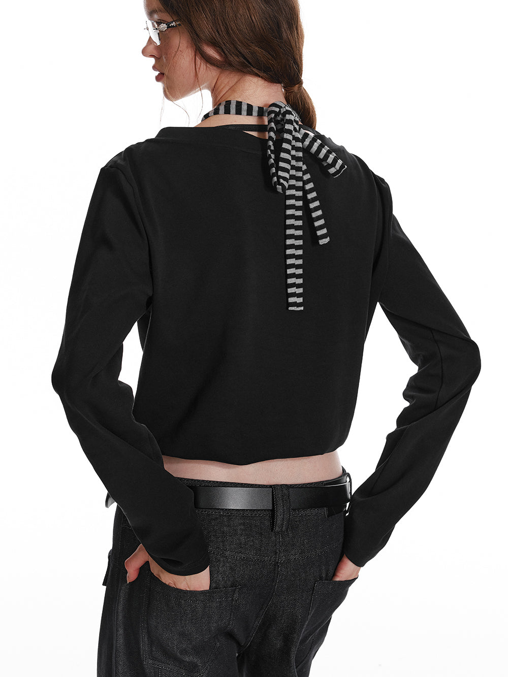 Striped Halter-Layered Draped V-Neck Top