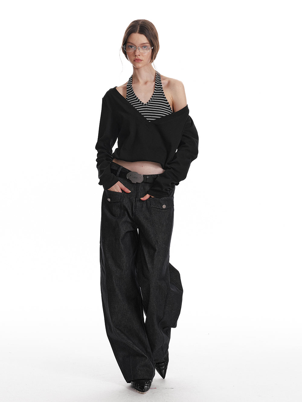 Striped Halter-Layered Draped V-Neck Top