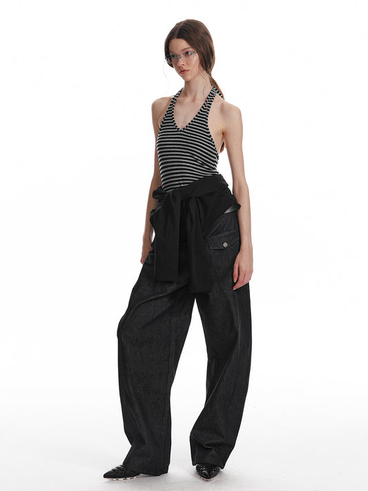 Striped Halter-Layered Draped V-Neck Top