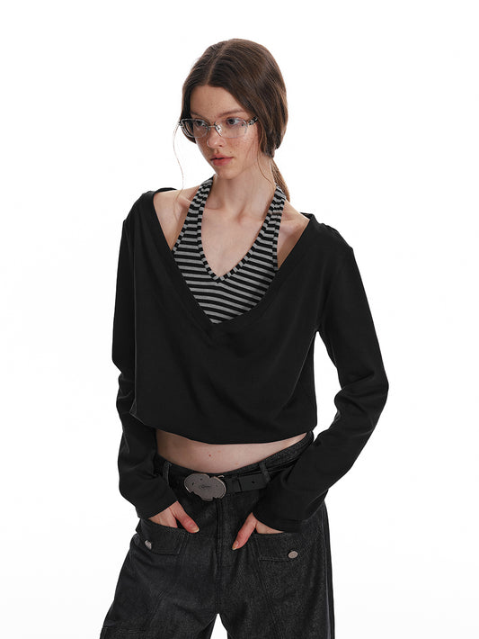 Striped Halter-Layered Draped V-Neck Top