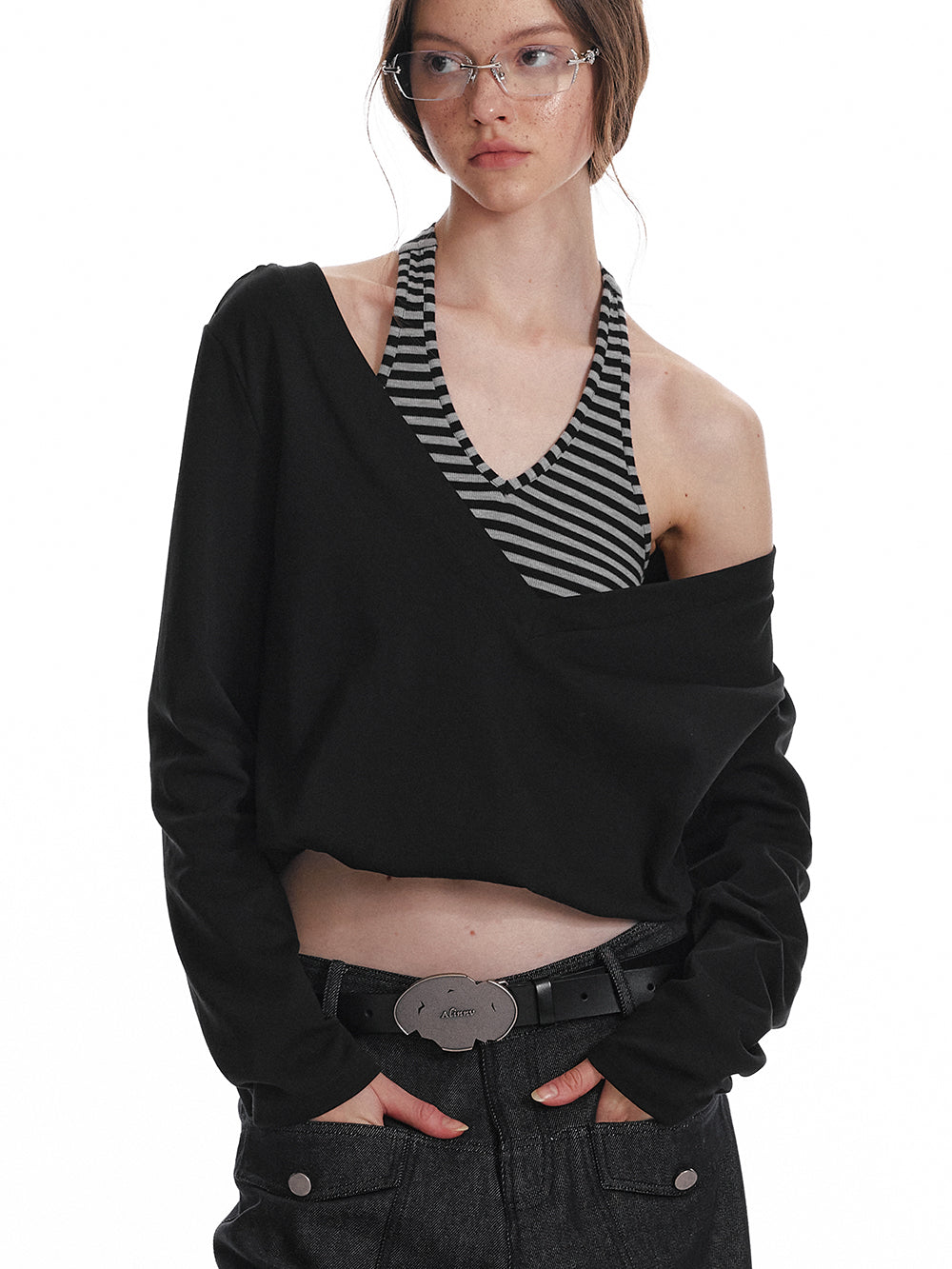 Striped Halter-Layered Draped V-Neck Top