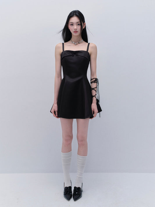 Satin Camisole Flare Dress With Bow Detail