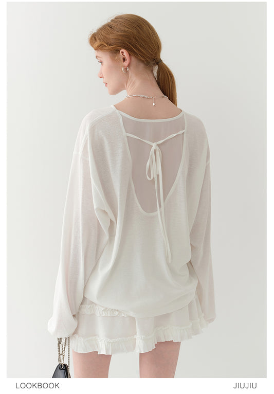 Light Sheer Back-Tie Top & Ruffle-Trim Skirt Set