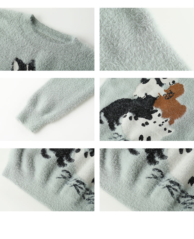 Fuzzy Pullover Sweater With Dog Motif