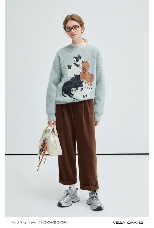 Fuzzy Pullover Sweater With Dog Motif