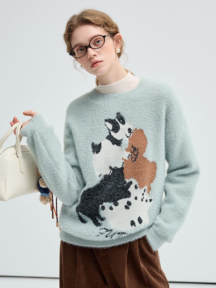 Fuzzy Pullover Sweater With Dog Motif