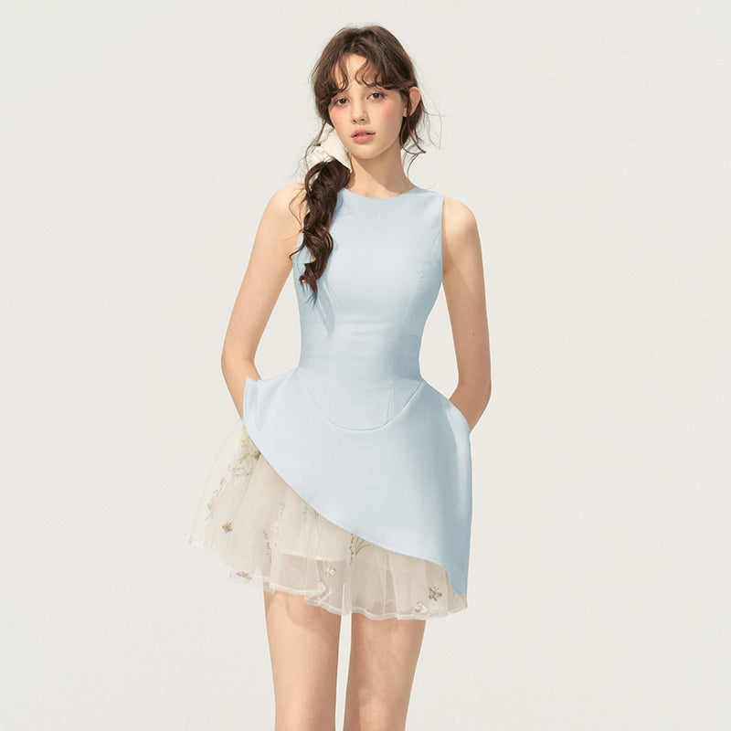 Asymmetric Sleeveless Dress With Sheer Floral Skirt