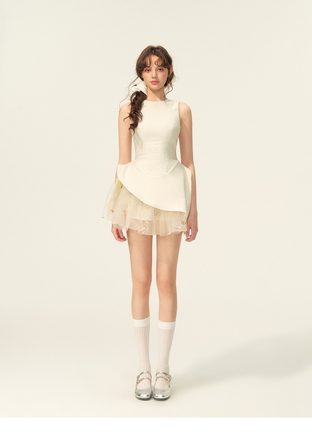 Asymmetric Sleeveless Dress With Sheer Floral Skirt