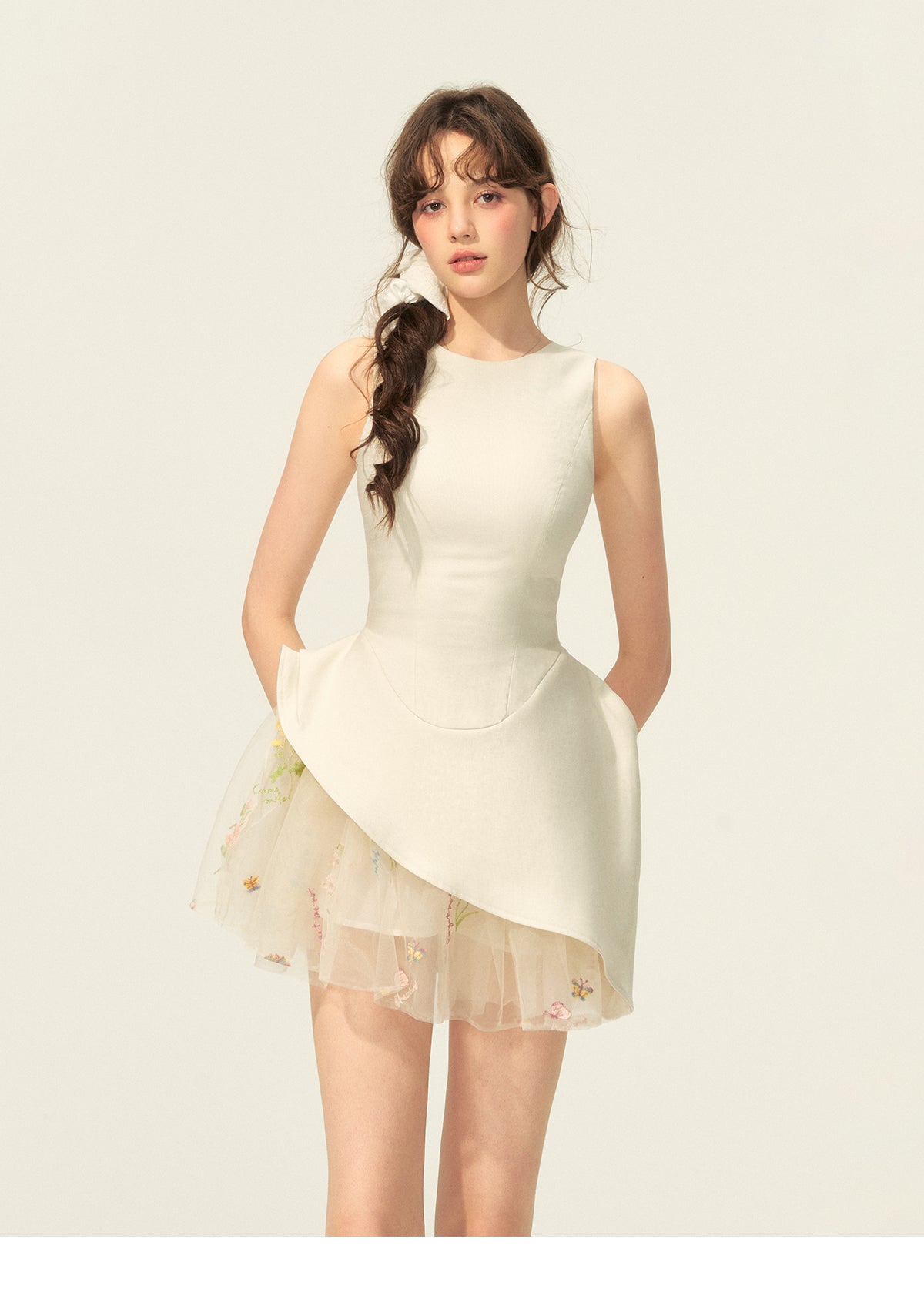 Asymmetric Sleeveless Dress With Sheer Floral Skirt