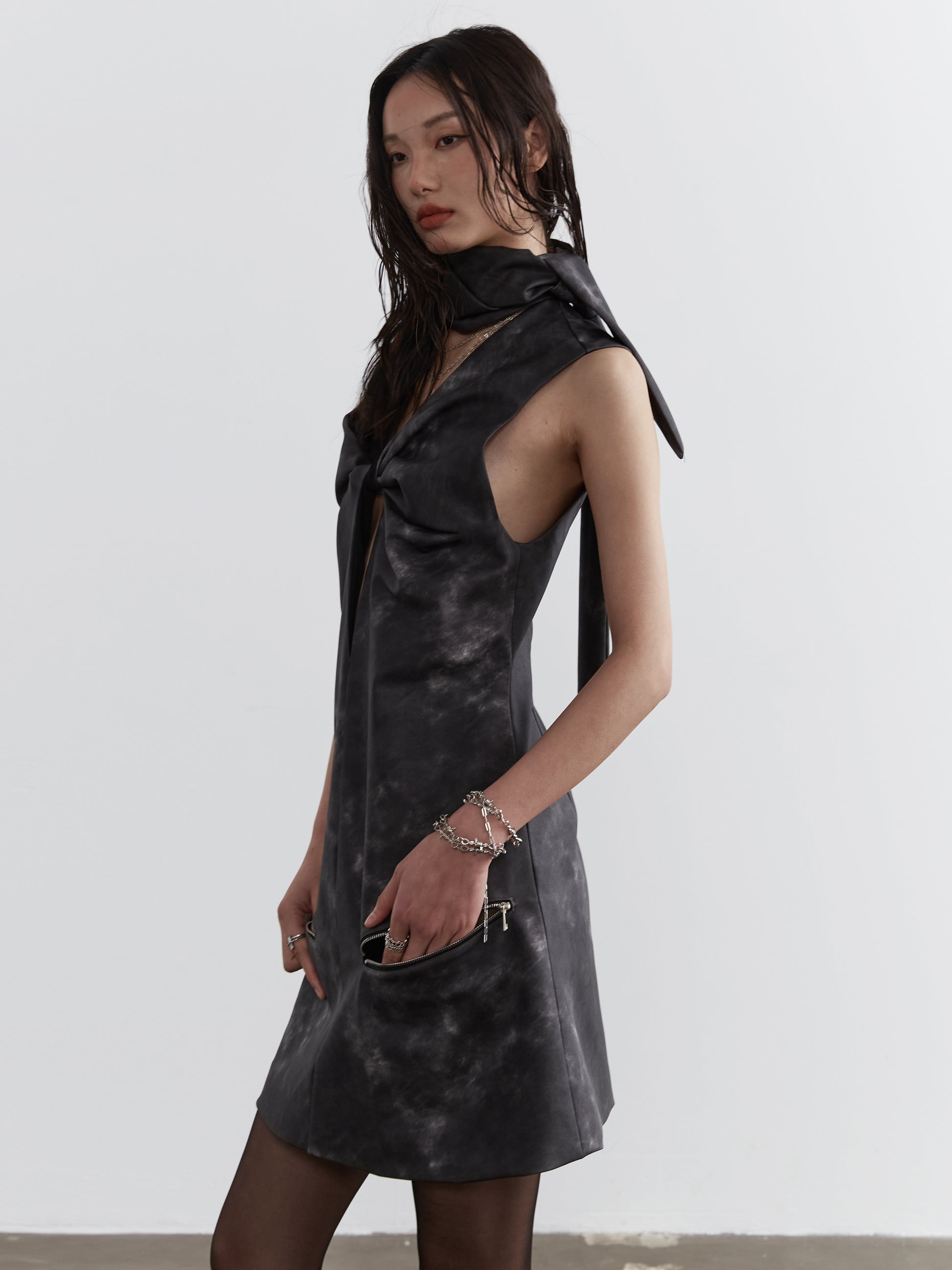 Twisted Faux Leather Dress With Zip Pockets