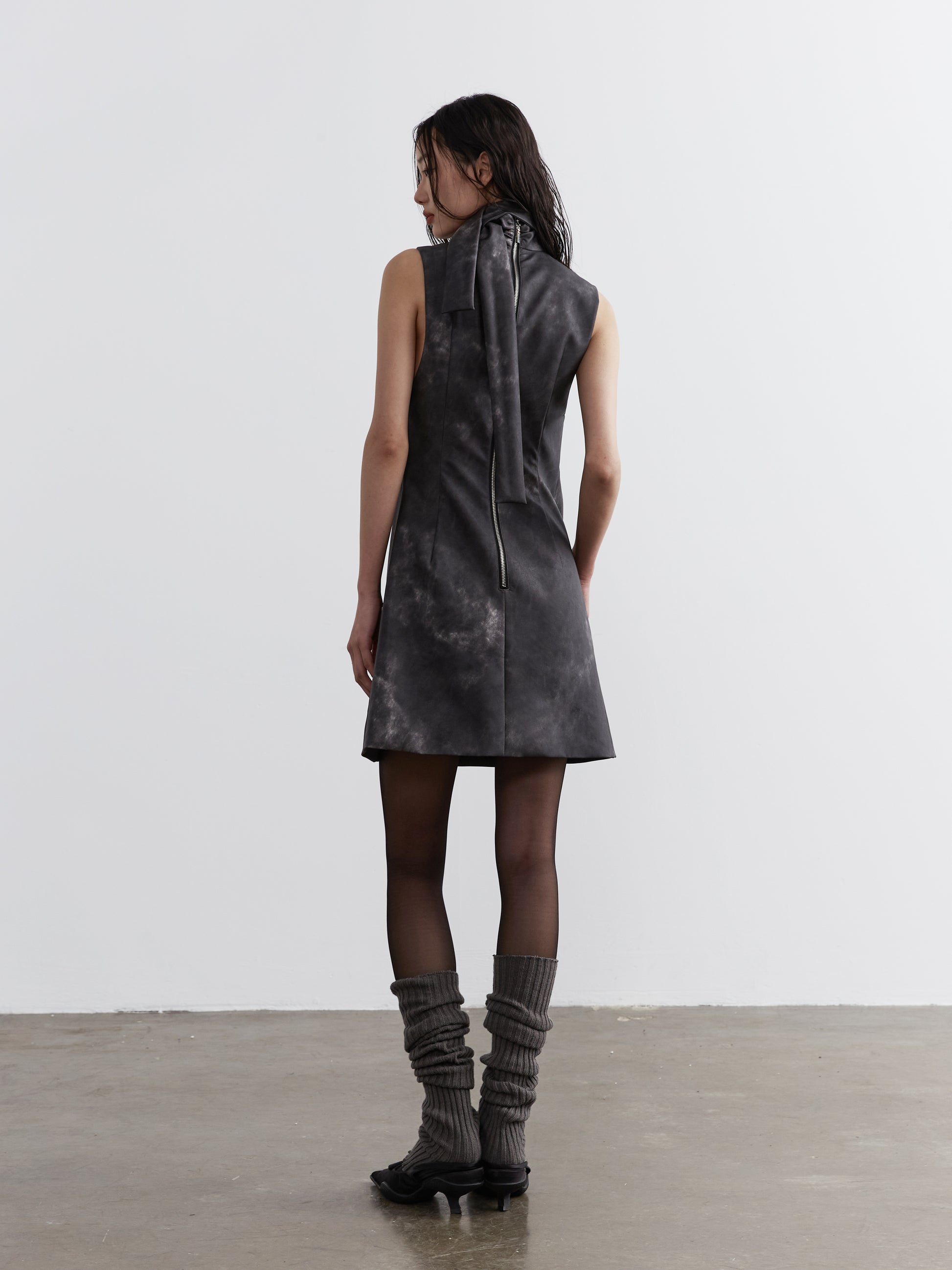 Twisted Faux Leather Dress With Zip Pockets