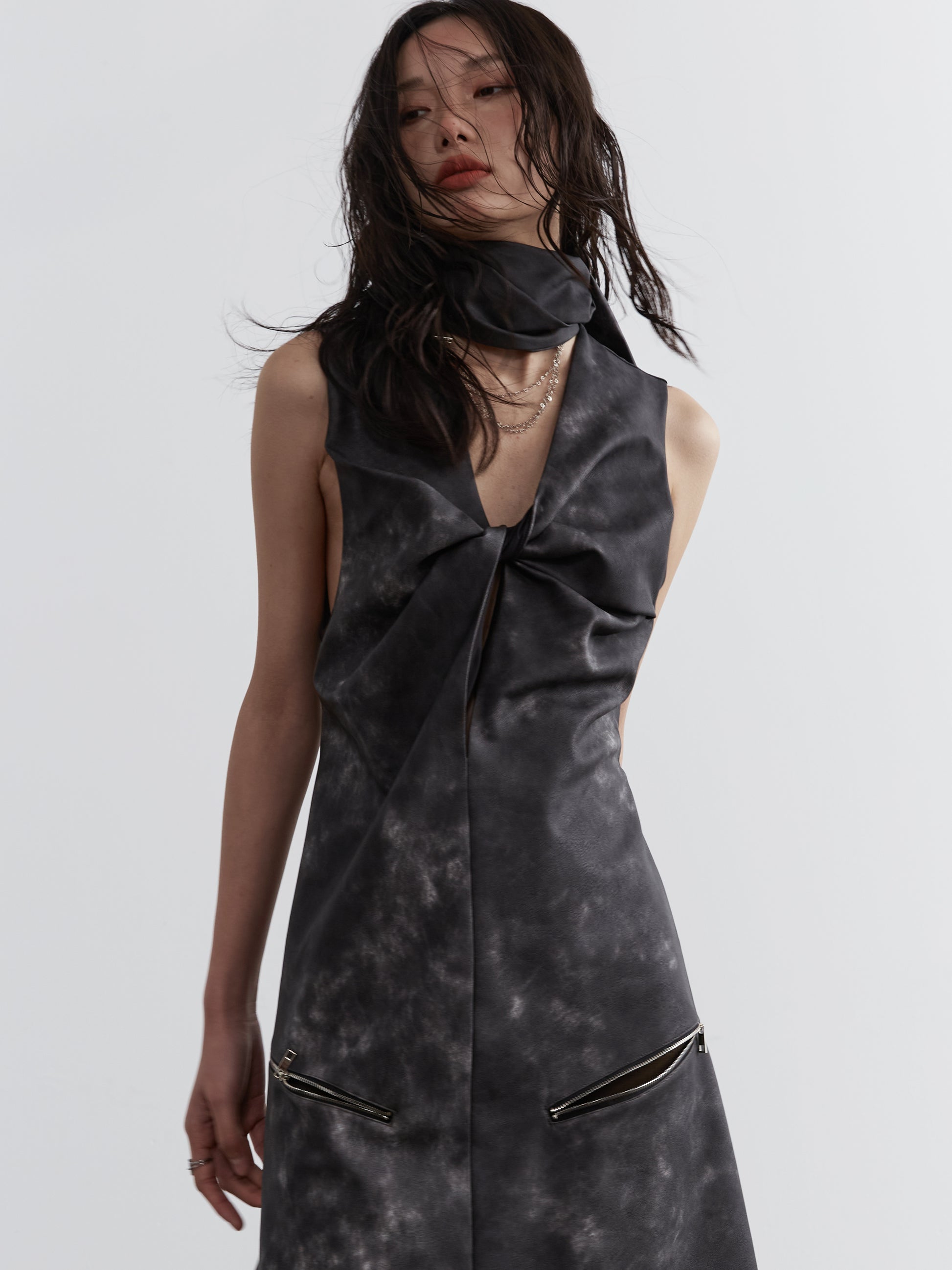 Twisted Faux Leather Dress With Zip Pockets