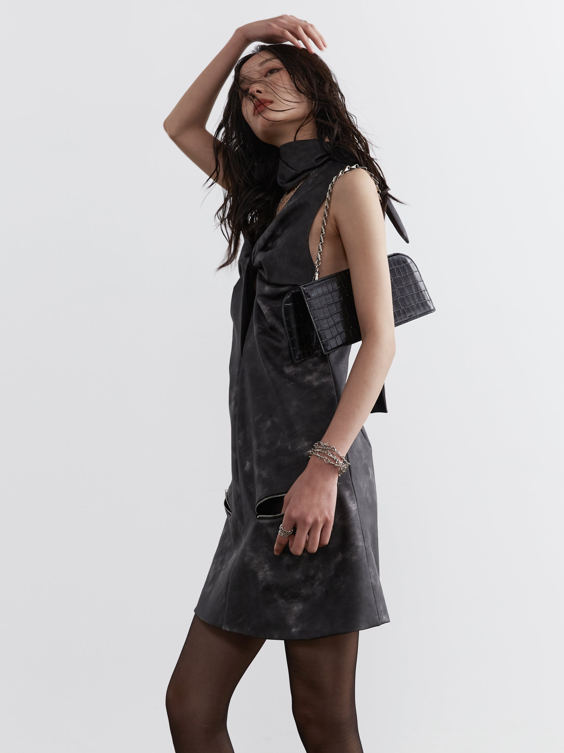 Twisted Faux Leather Dress With Zip Pockets