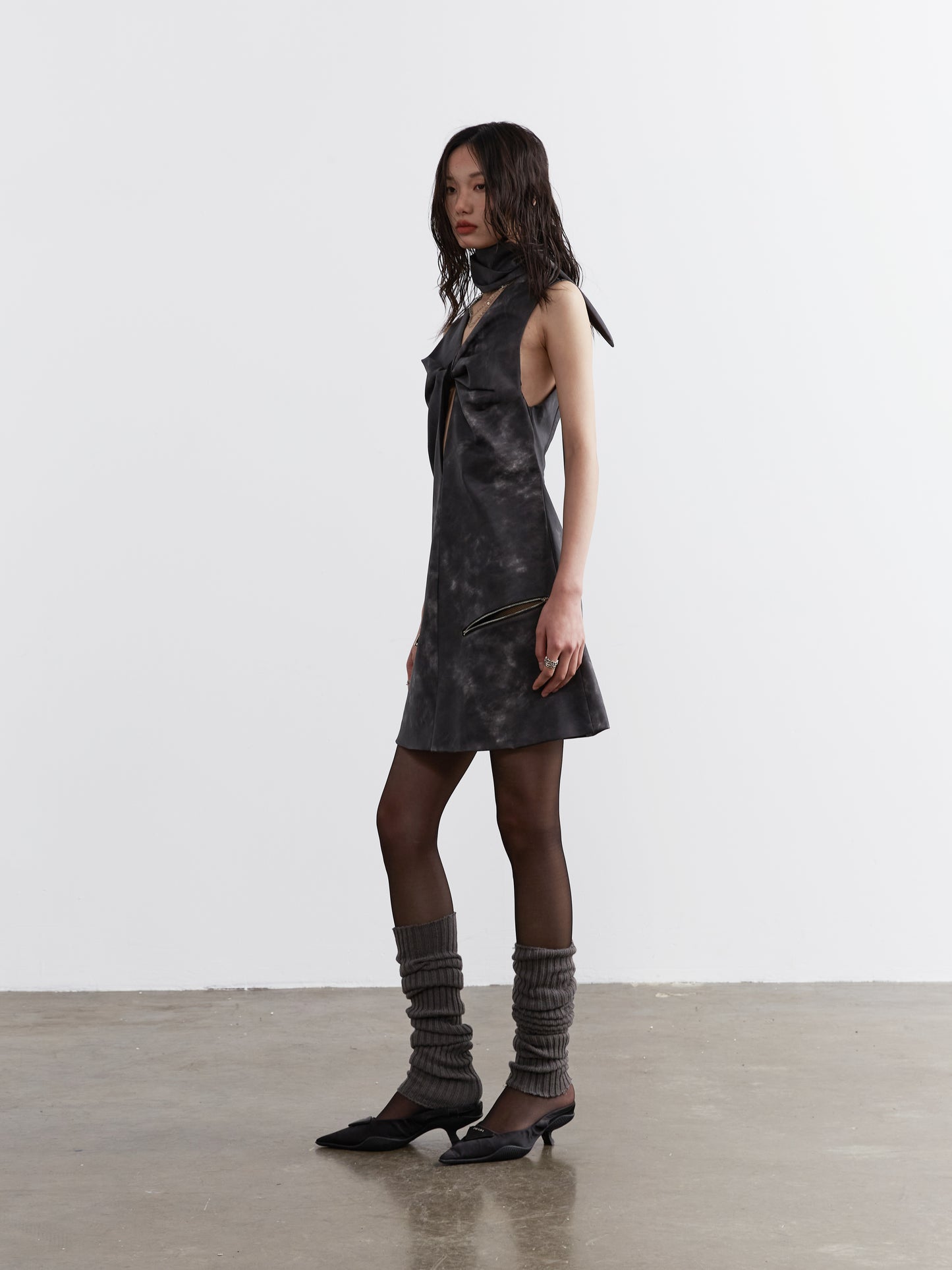 Twisted Faux Leather Dress With Zip Pockets