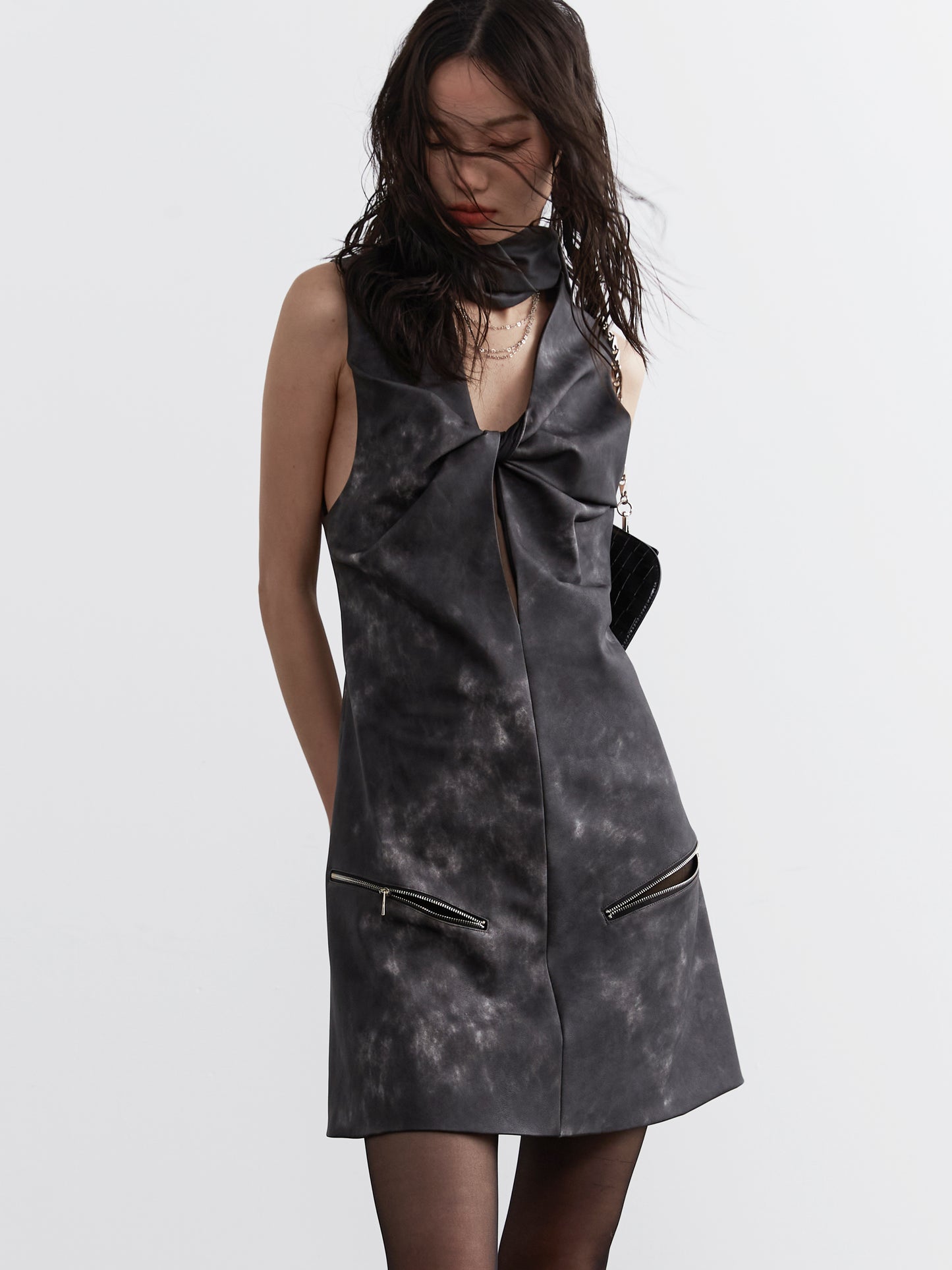 Twisted Faux Leather Dress With Zip Pockets