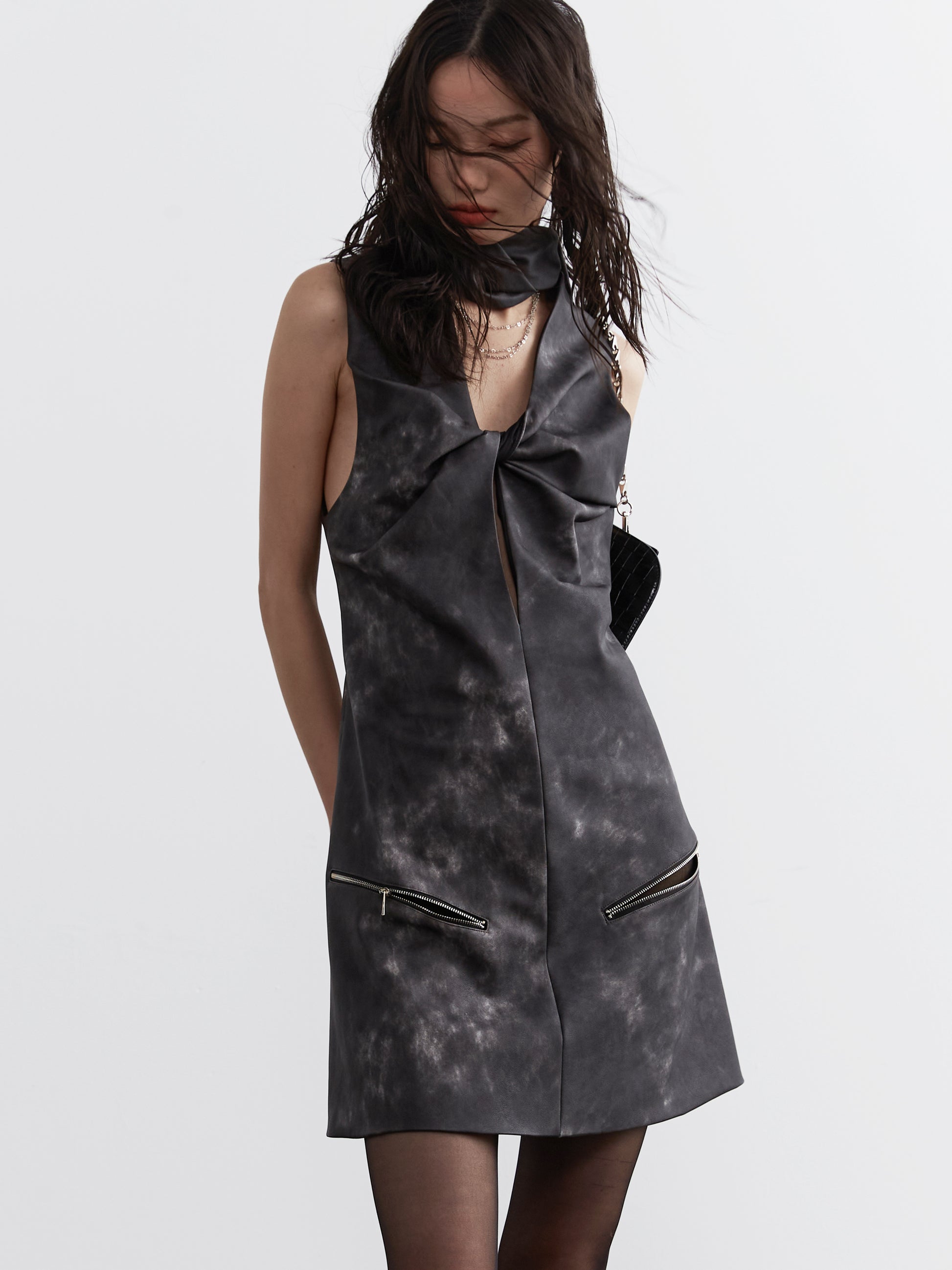 Twisted Faux Leather Dress With Zip Pockets