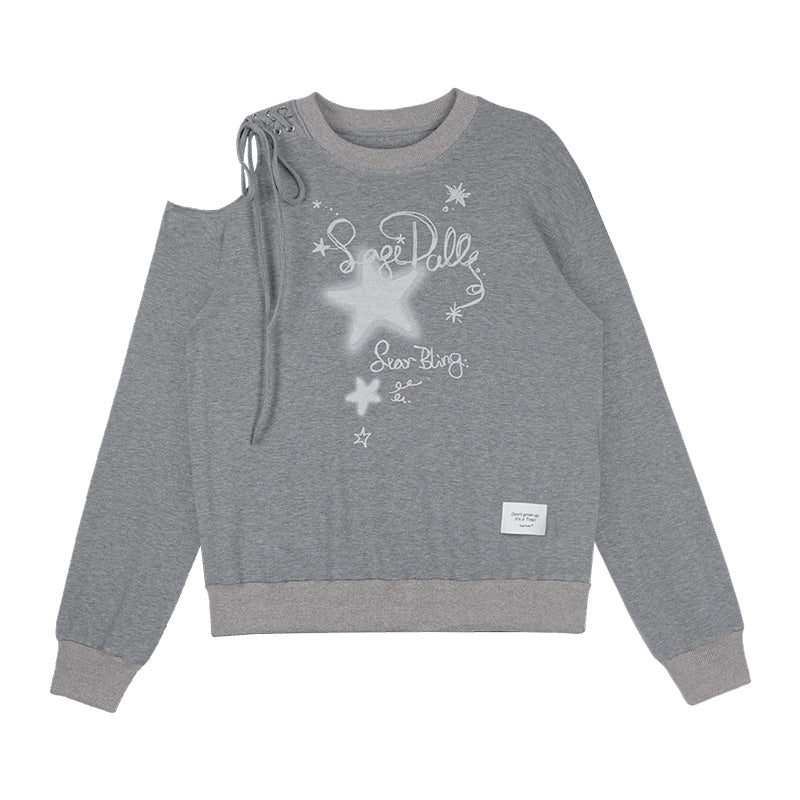 Graffiti Print Lace-Up Cut-Out Shoulder Sweatshirt