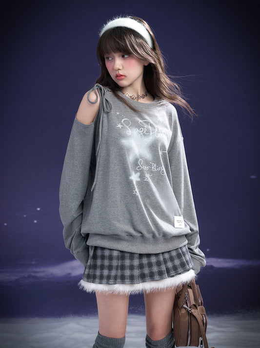 Graffiti Print Lace-Up Cut-Out Shoulder Sweatshirt