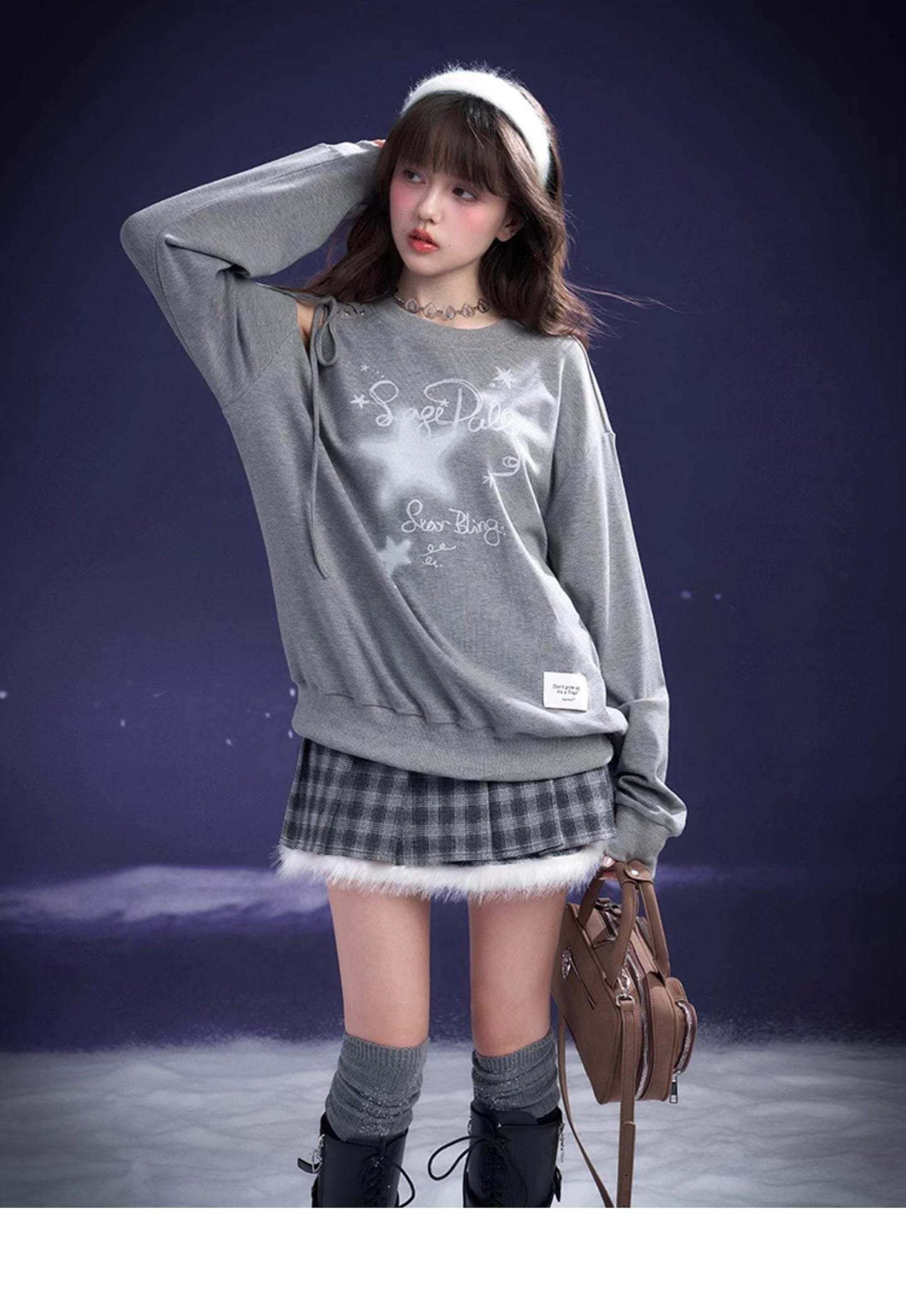 Graffiti Print Lace-Up Cut-Out Shoulder Sweatshirt