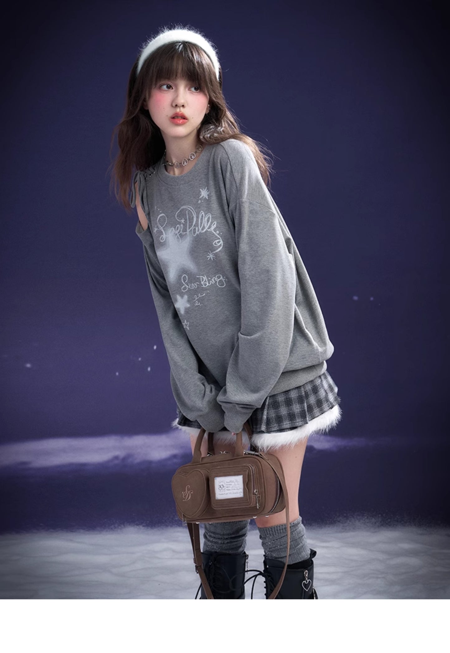 Graffiti Print Lace-Up Cut-Out Shoulder Sweatshirt