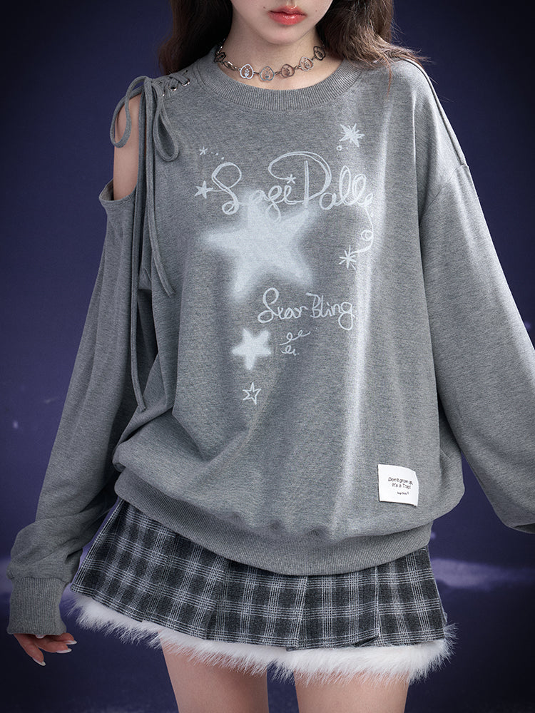 Graffiti Print Lace-Up Cut-Out Shoulder Sweatshirt