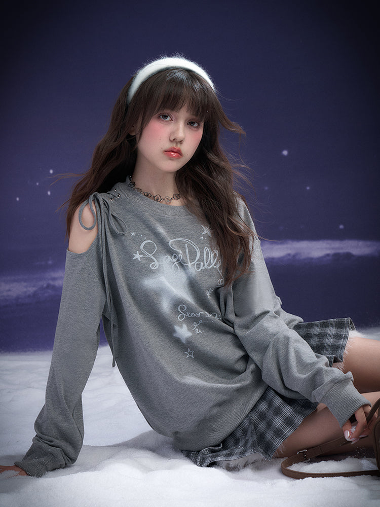 Graffiti Print Lace-Up Cut-Out Shoulder Sweatshirt