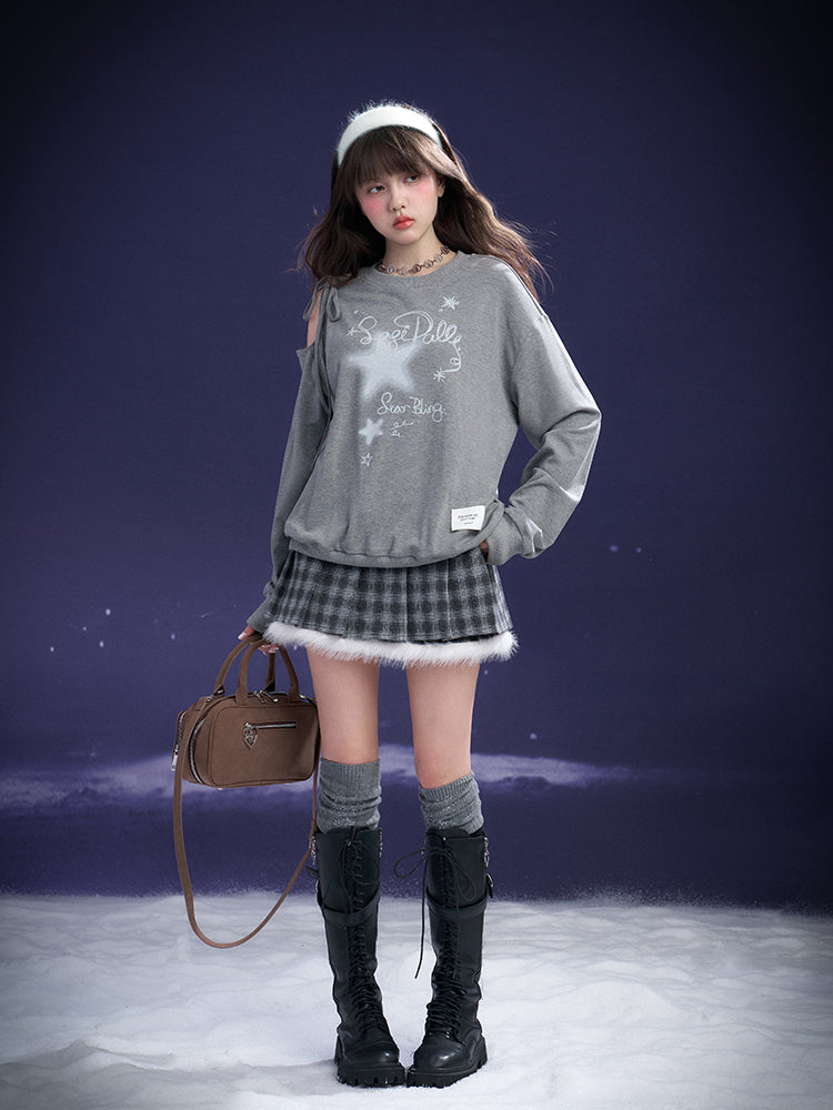 Graffiti Print Lace-Up Cut-Out Shoulder Sweatshirt