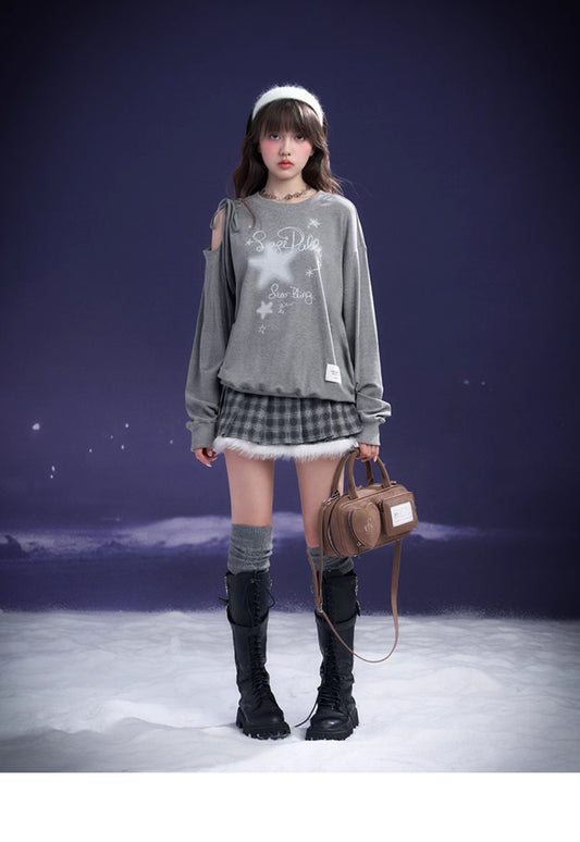 Graffiti Print Lace-Up Cut-Out Shoulder Sweatshirt