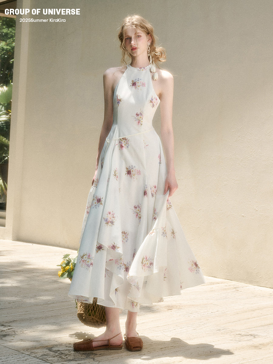Floral Halter Dress With Asymmetric Hem