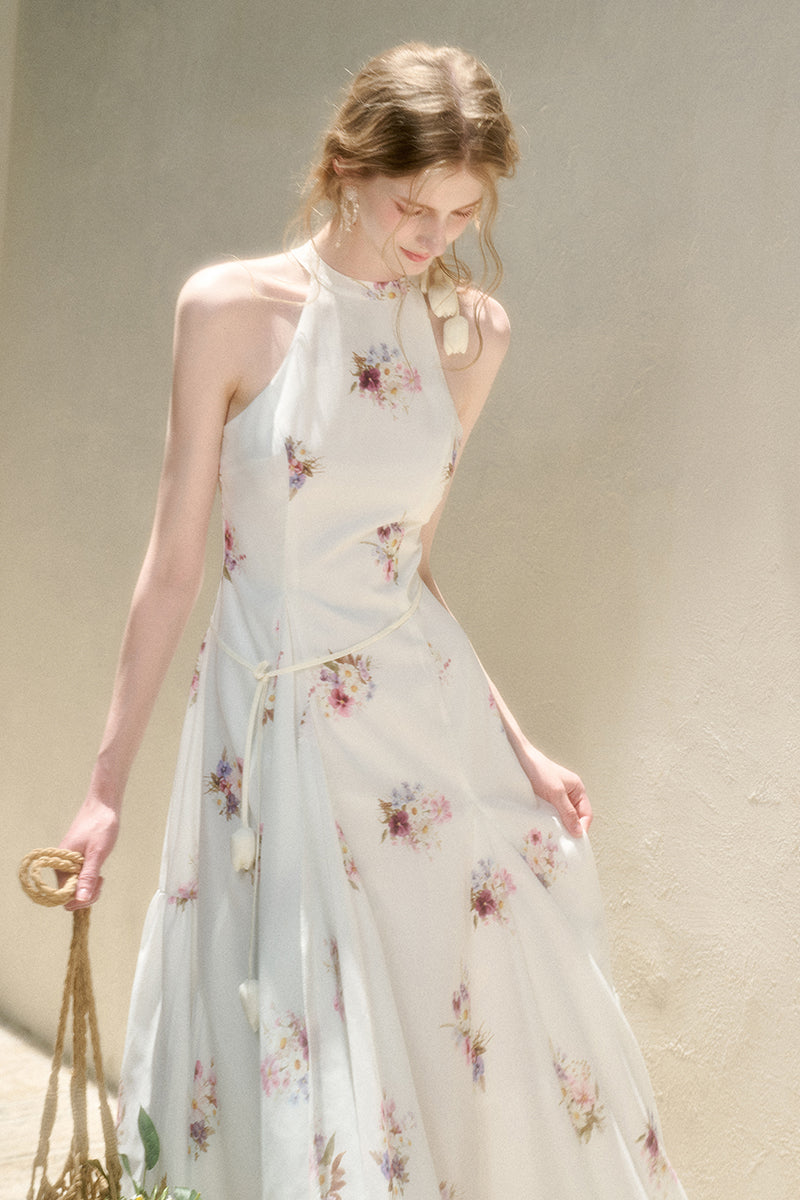 Floral Halter Dress With Asymmetric Hem