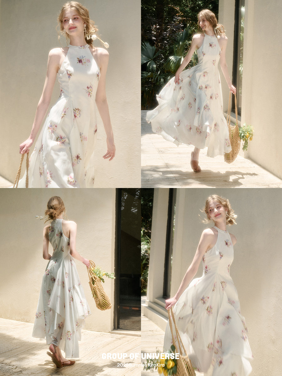 Floral Halter Dress With Asymmetric Hem