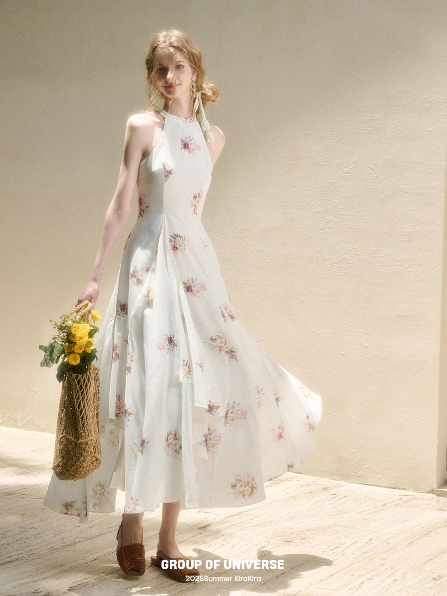 Floral Halter Dress With Asymmetric Hem