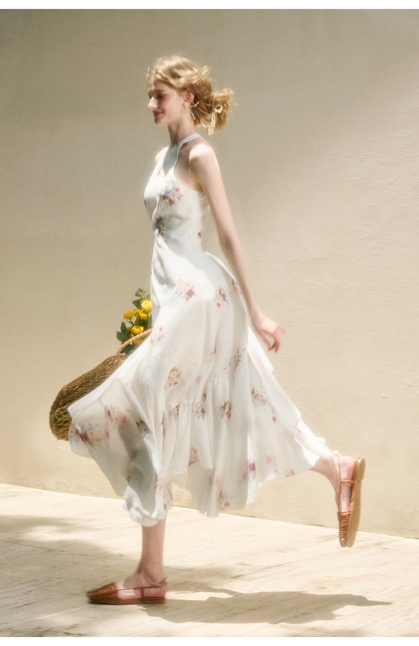 Floral Halter Dress With Asymmetric Hem