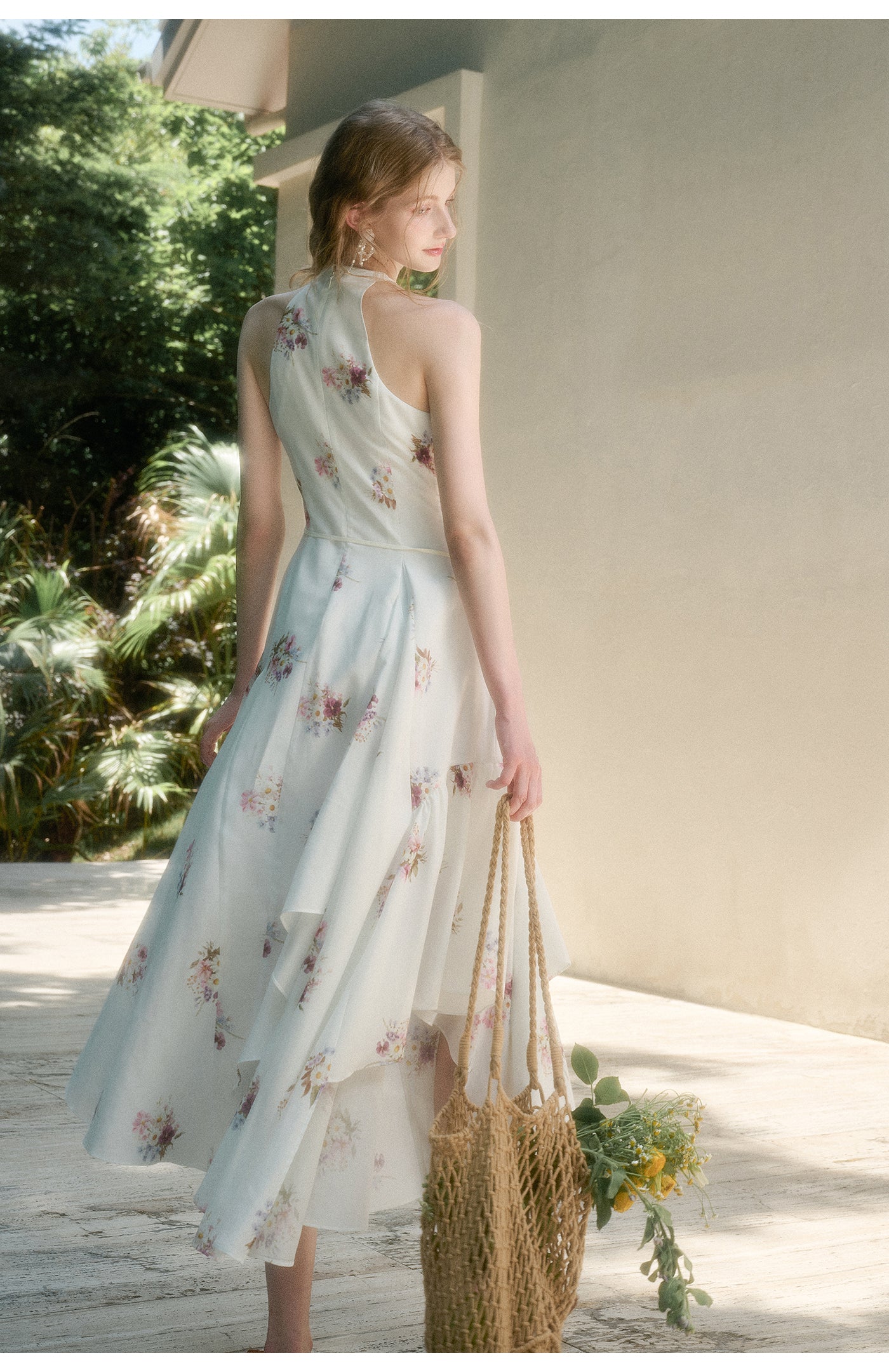 Floral Halter Dress With Asymmetric Hem