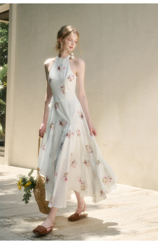 Floral Halter Dress With Asymmetric Hem