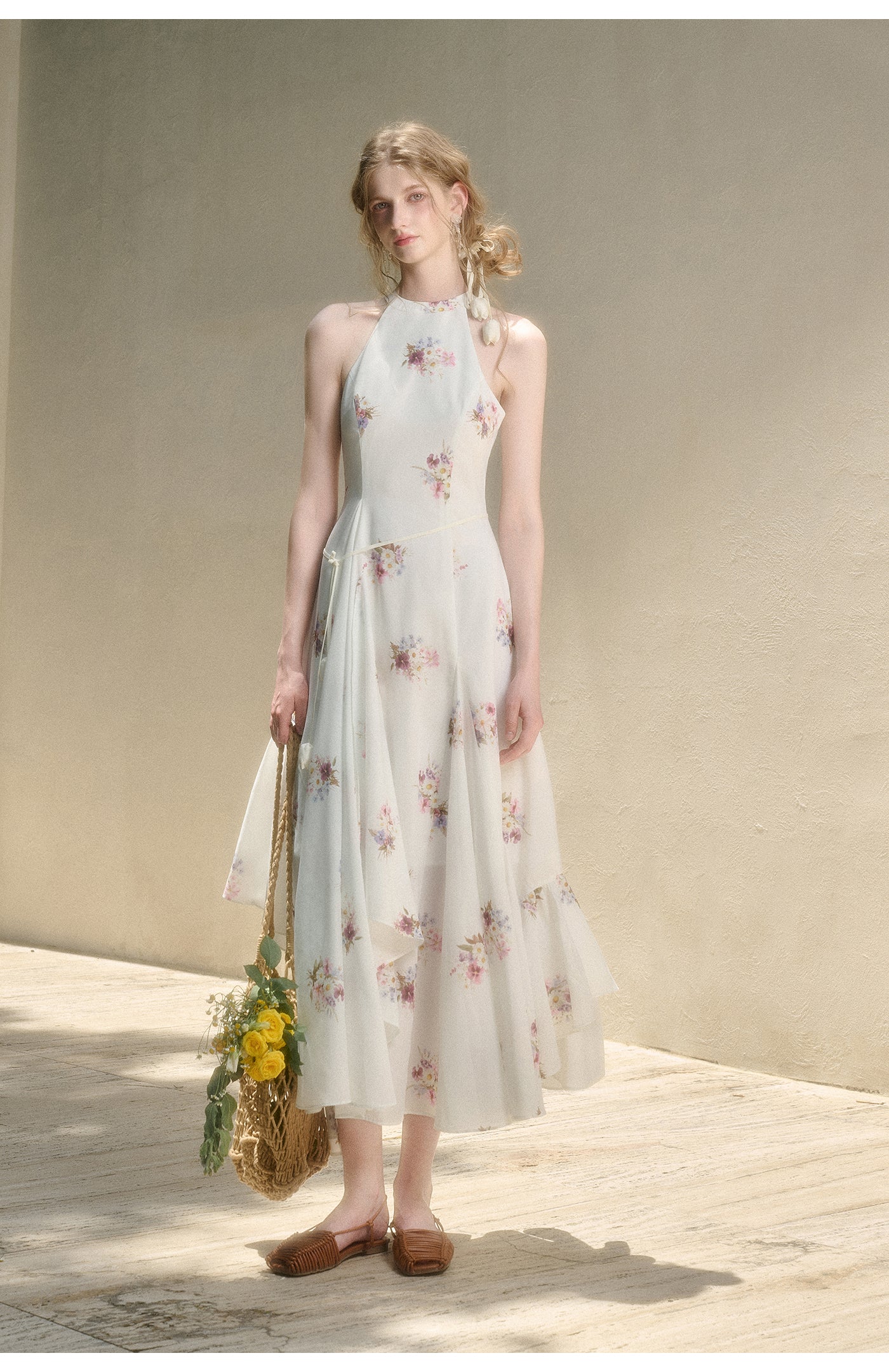 Floral Halter Dress With Asymmetric Hem