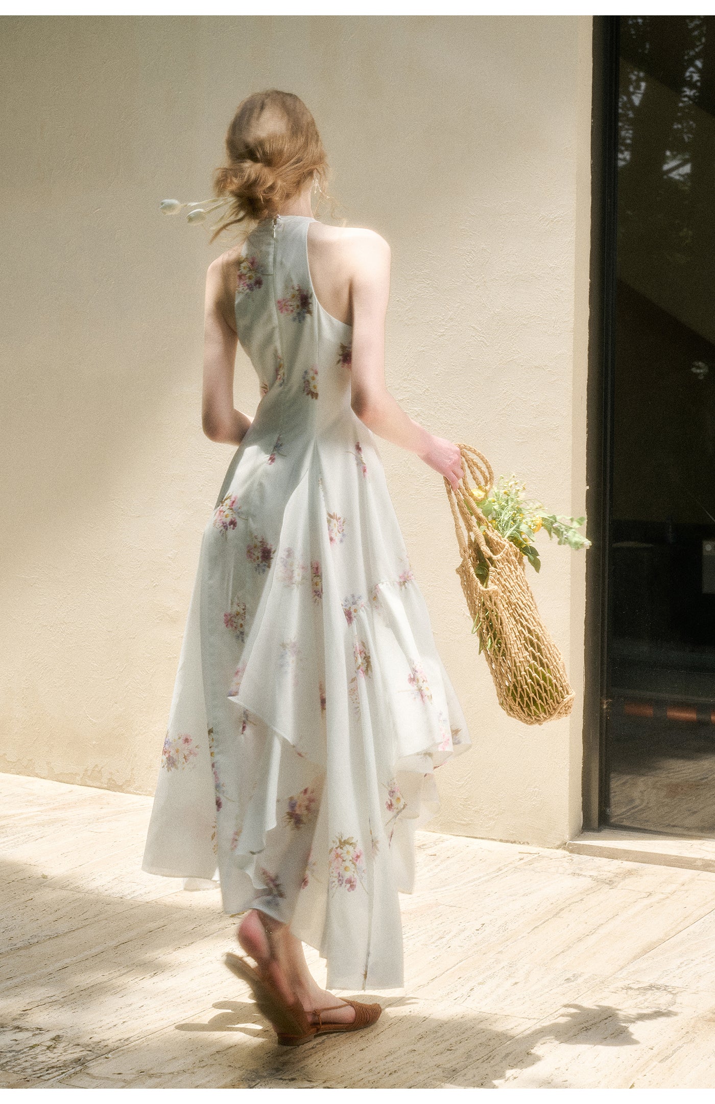 Floral Halter Dress With Asymmetric Hem