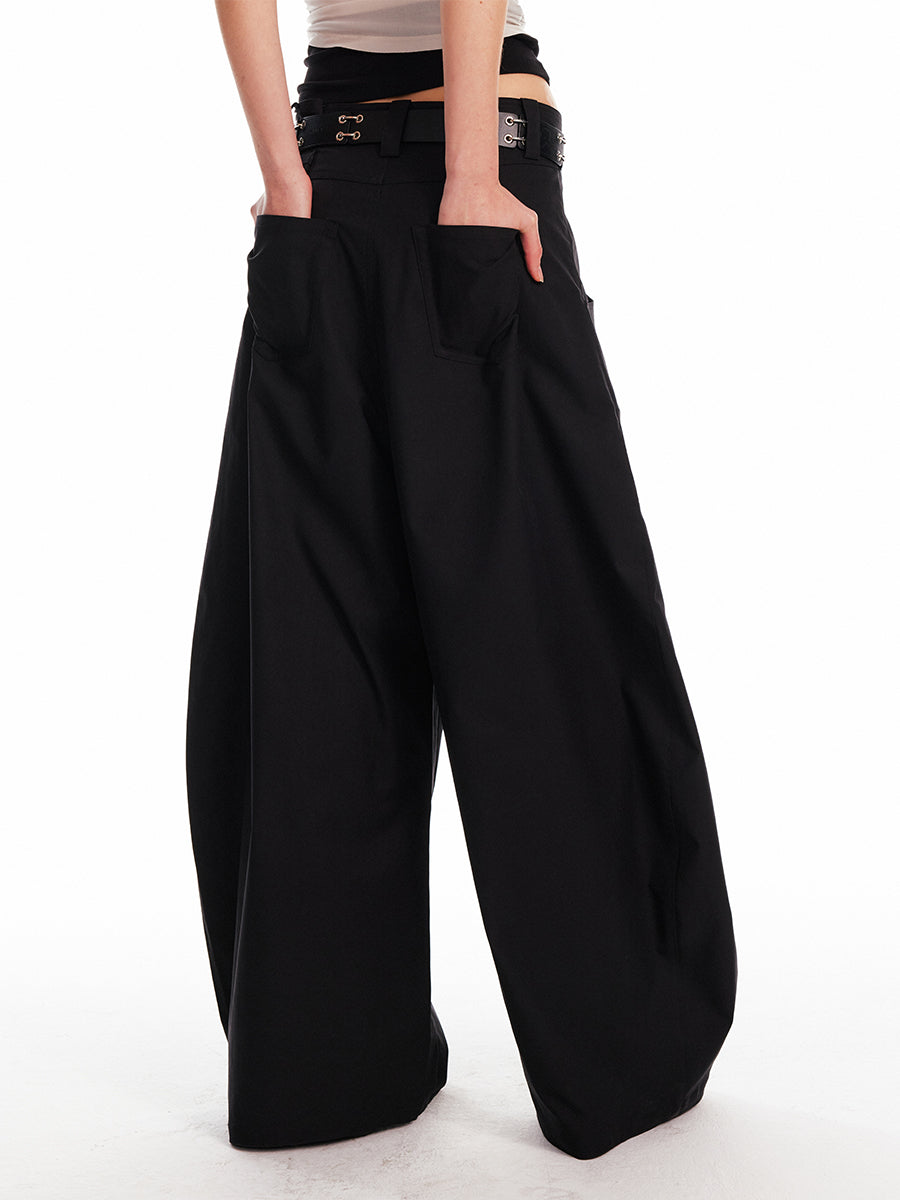 Low-Waist Pleated Wide-Leg Pants