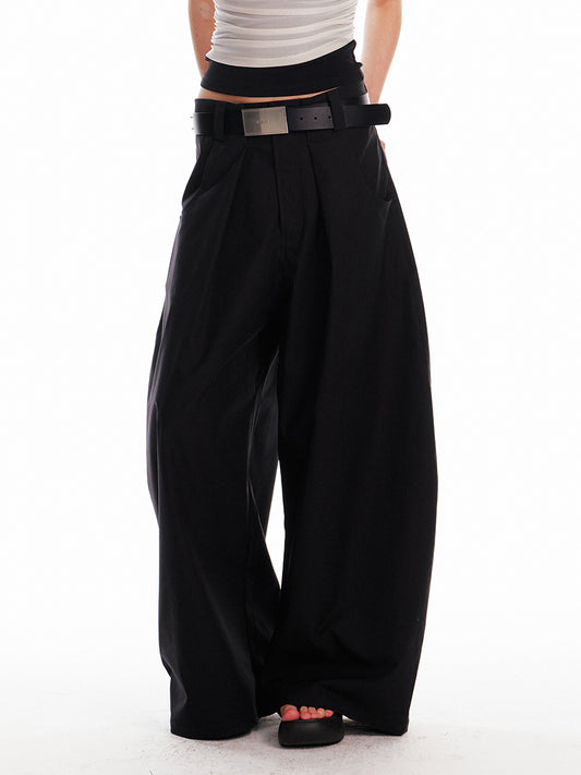 Low-Waist Pleated Wide-Leg Pants