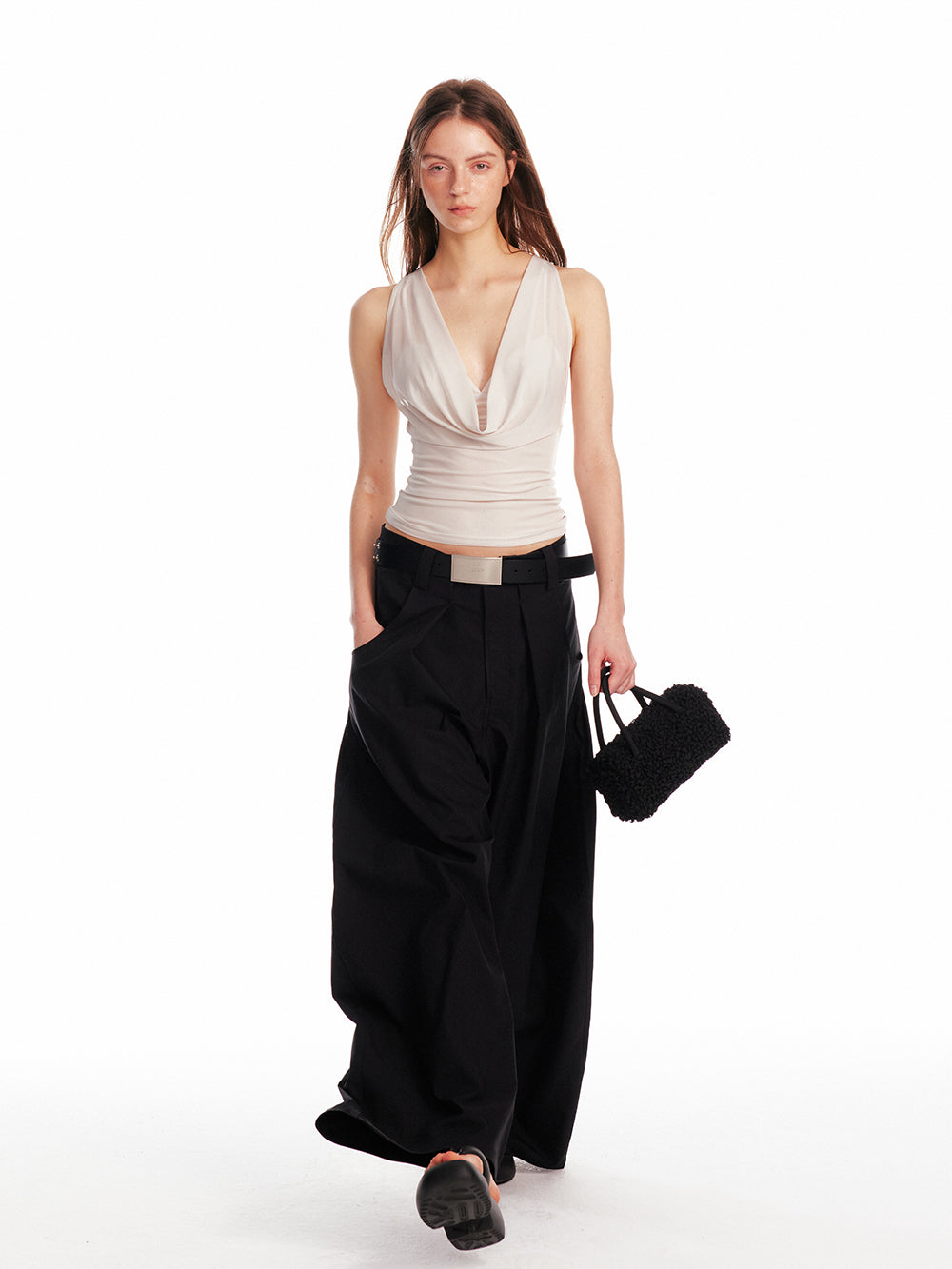 Low-Waist Pleated Wide-Leg Pants
