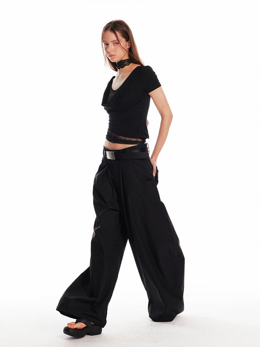 Low-Waist Pleated Wide-Leg Pants