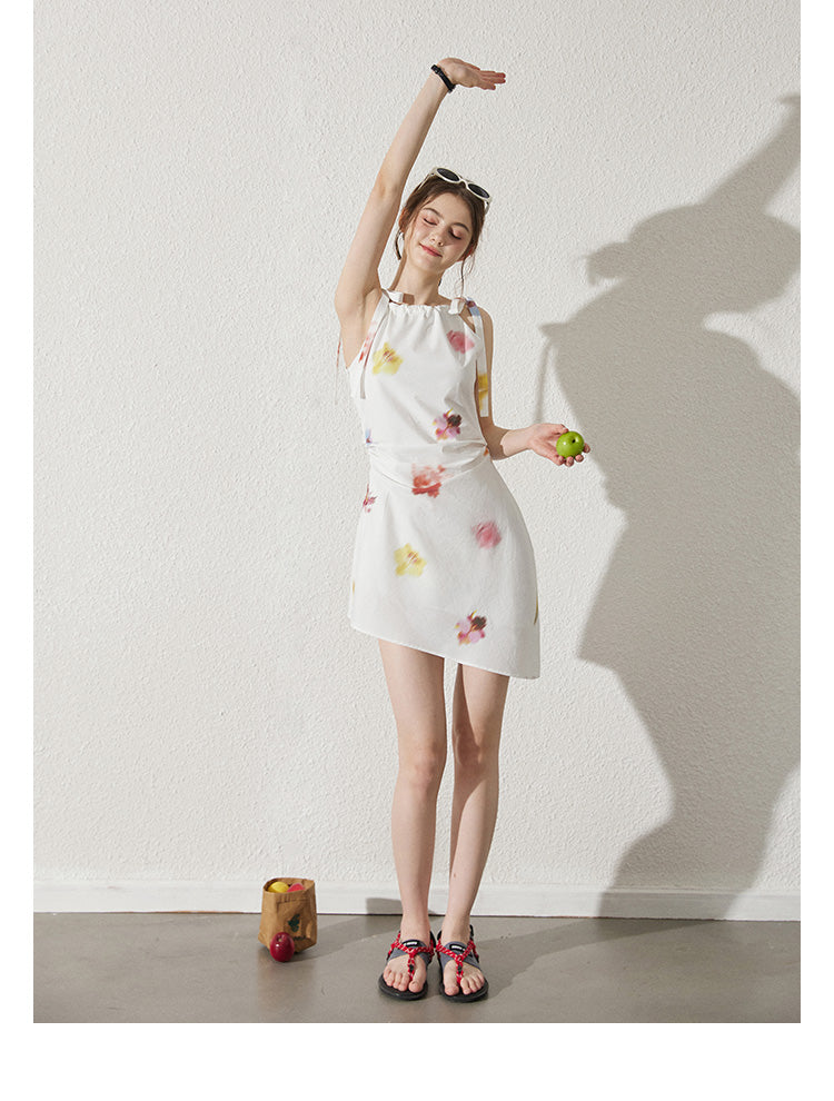 Asymmetric Blurred Floral Strappy Cotton Dress