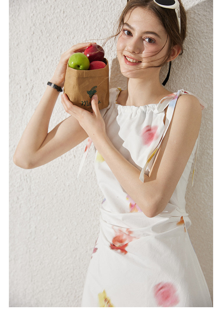 Asymmetric Blurred Floral Strappy Cotton Dress