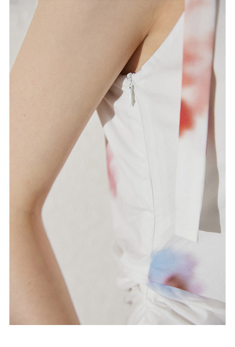 Asymmetric Blurred Floral Strappy Cotton Dress