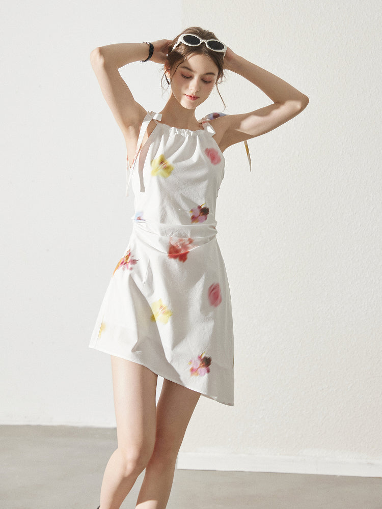 Asymmetric Blurred Floral Strappy Cotton Dress