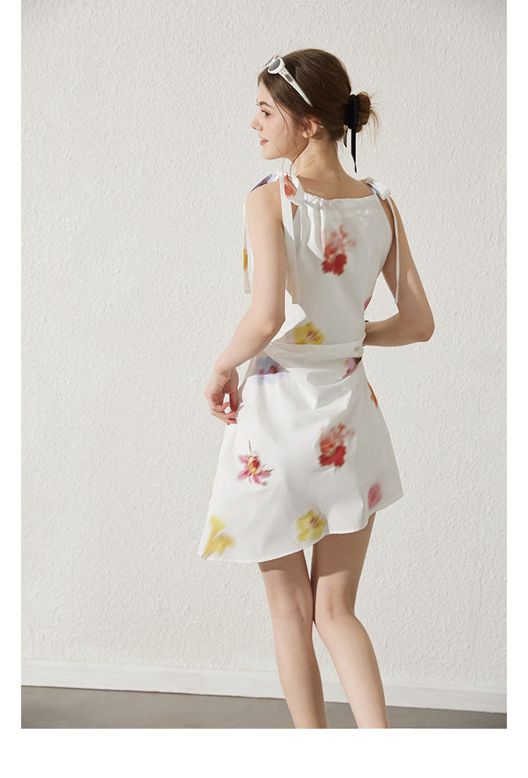 Asymmetric Blurred Floral Strappy Cotton Dress